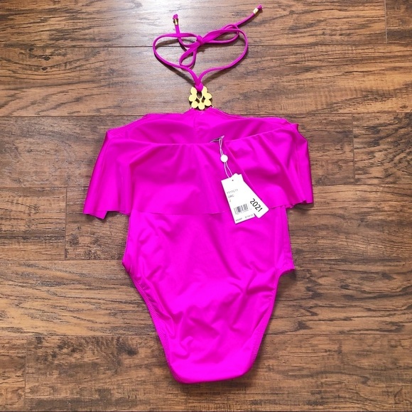 Trina Turk • halter high neck swimsuit one piece orchid flounce fuchsia pink - Picture 10 of 14